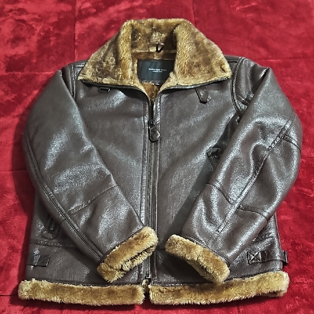 Marc New York Brown Faux Leather Jacket with Fur Faux Trim